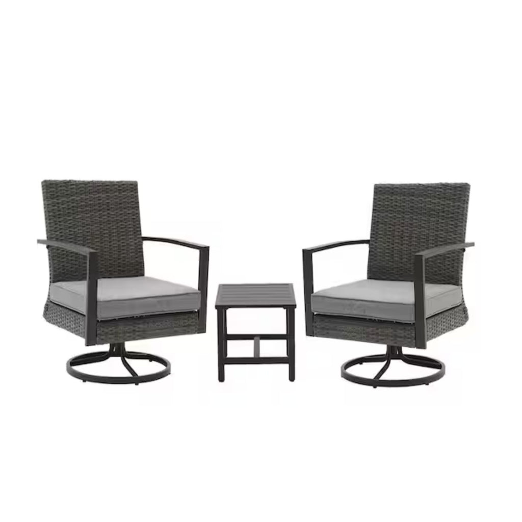 3 Piece Patio Furniture, Swivel Rocker Bistro Set With Side Table & Cushions For Porch - Gray