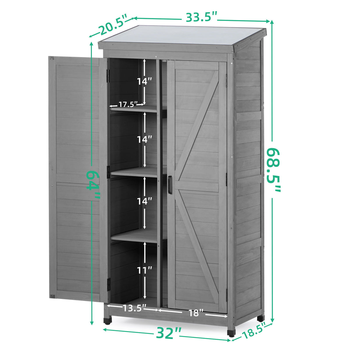 Wood Outdoor Storage Cabinet With Metal Top Garden Shed For Yard And Patio - Gray