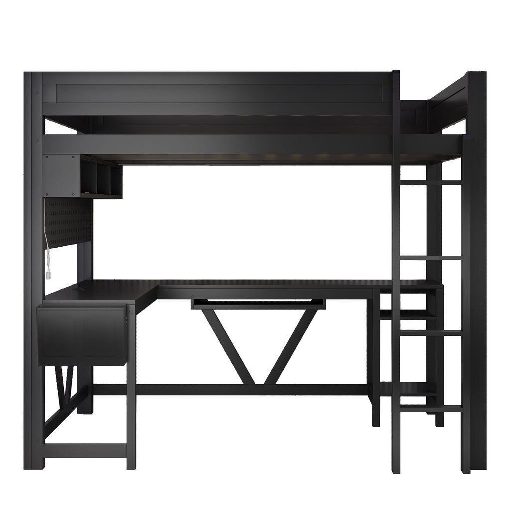 Gaming Loft Bed With Desk, Storage Shelves, LED And Charging Station