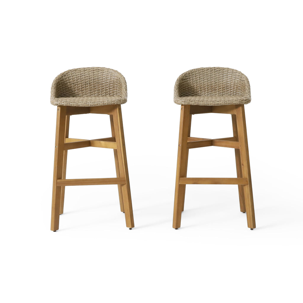 Beeson - Outdoor Wicker And Acacia Wood Barstools Set, Water Resistant - Brown