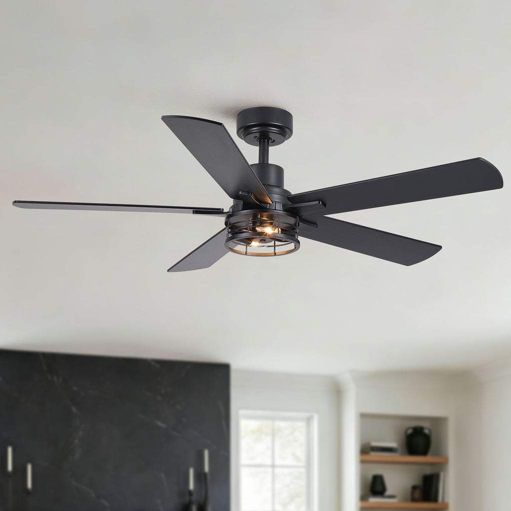 Ceiling Fan With Light, Dual‑Sided Matte Black & Wood Grain Blades - Black