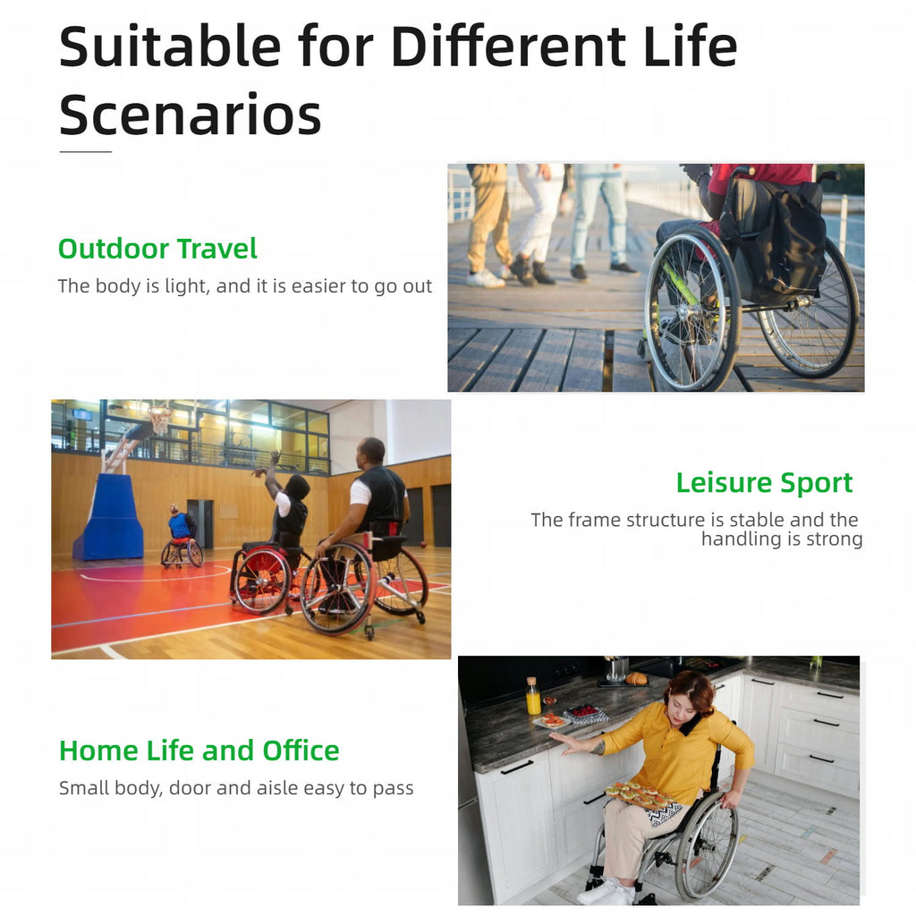 Premium Lightweight Foldable Sport Wheelchair All Body Sturdy & Comfortable 250Lbs Capacity Easy Folding 24" Sports Tires Perfect For Outdoor - Black / Green