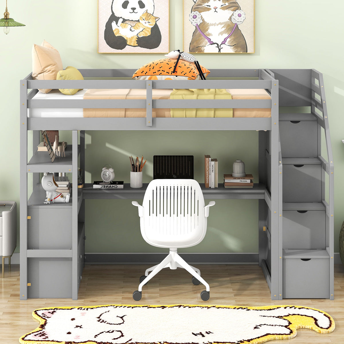 Loft Bed With Desk, Shelves, 2 Drawers, Storage Staircase