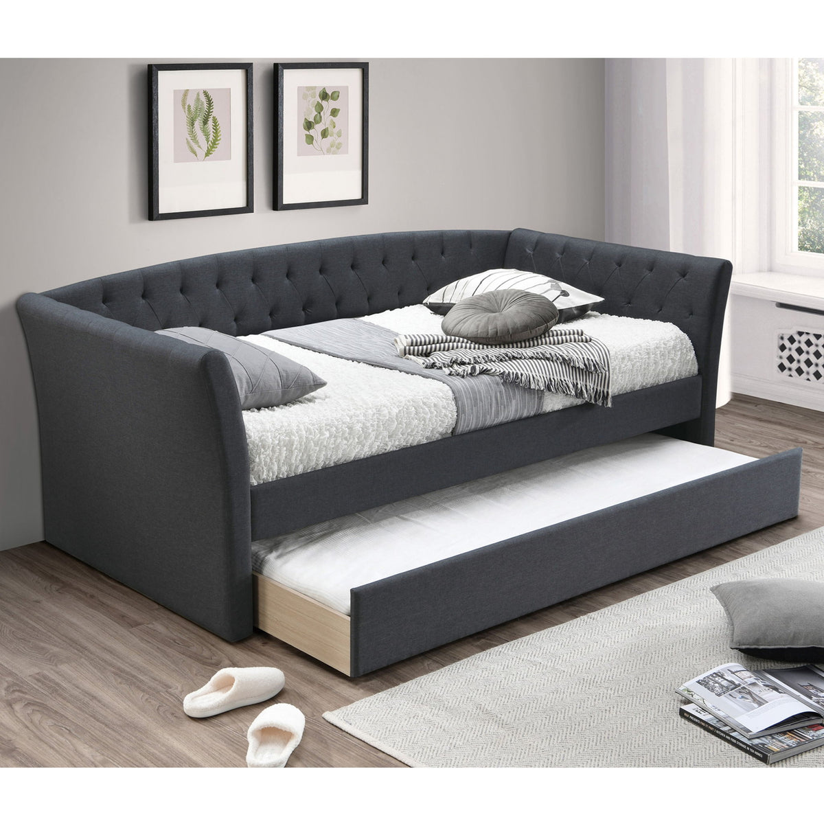Daybed With Trundle Button Tufted Slat Included - Charcoal