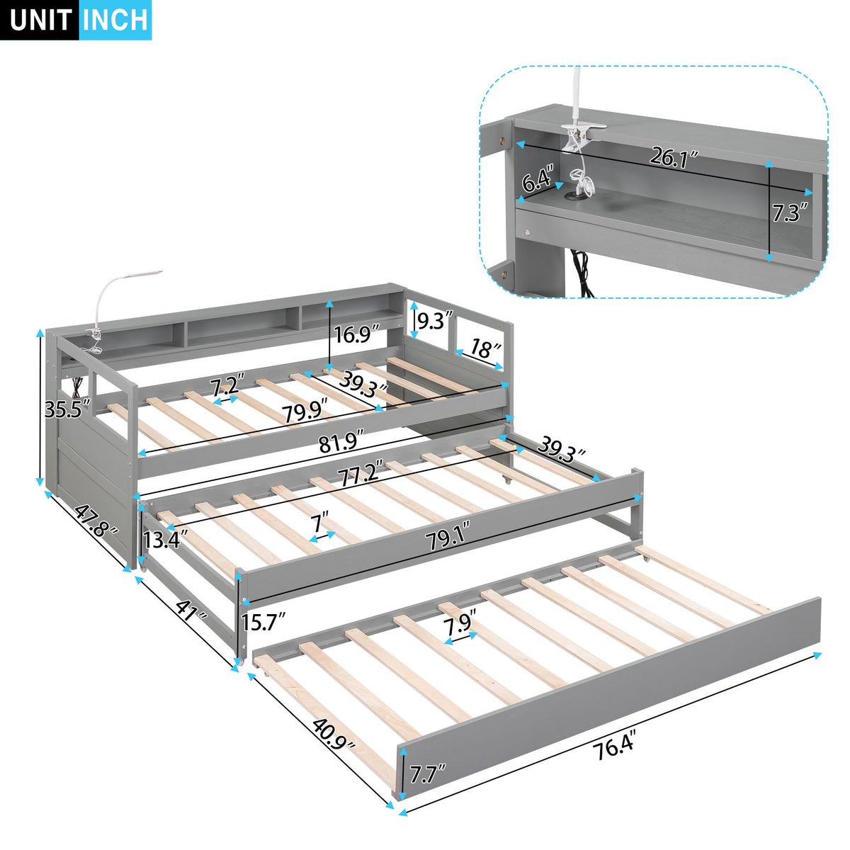 Daybed With 2 Trundles, 3 Storage Cubbies, Built In USB Charging Light