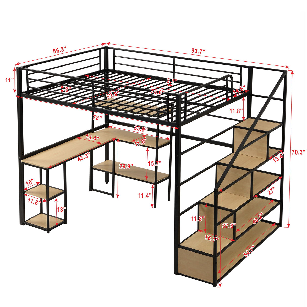 Full Size Loft Bed With Staircase, Built In Desk And Shelves And Sleeping Surface - Black