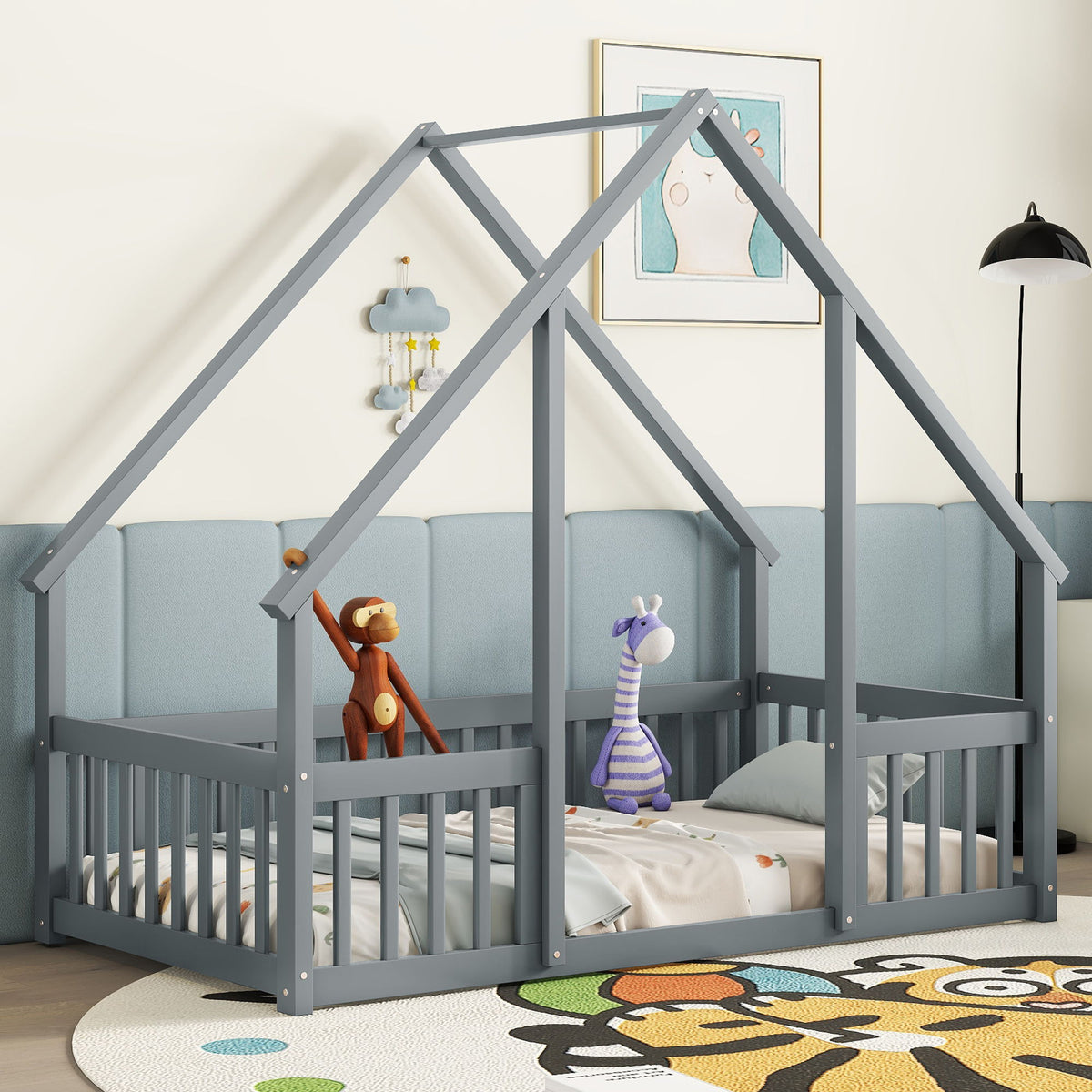 Wood House-Shaped Floor Bed With Fence, Guardrails