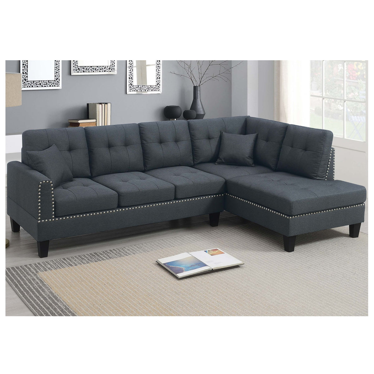 2 Piece Sectional Set With Nailhead Trim, Sofa And Matching Accent Pillows - Charcoal