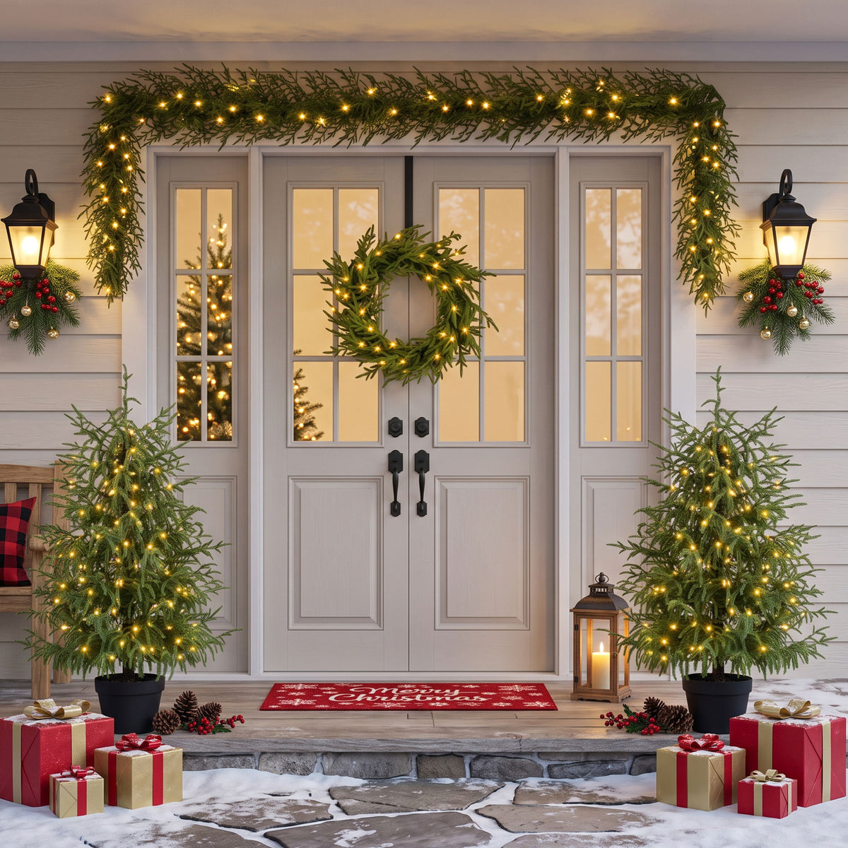4 Piece Christmas Artificial Trees With Sturdy Bases, Pre Lit Wreath & Garland, Warm LED Lights, Indoor Holiday Decor - Green