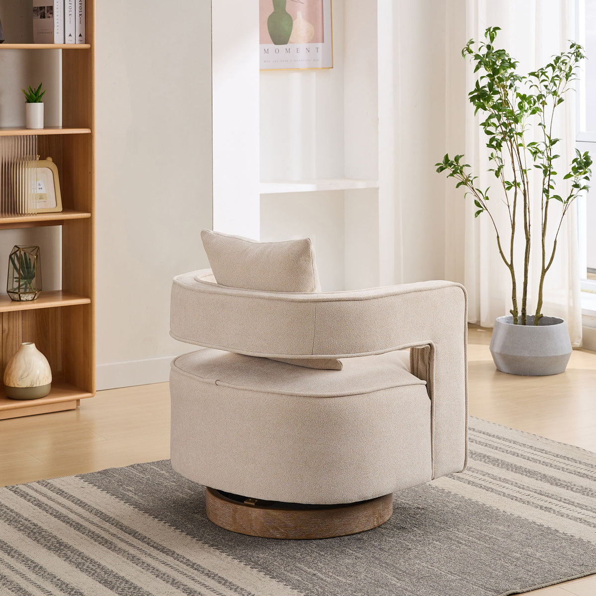 Swivel Accent Open Back Barrel Chair With Weathered Base