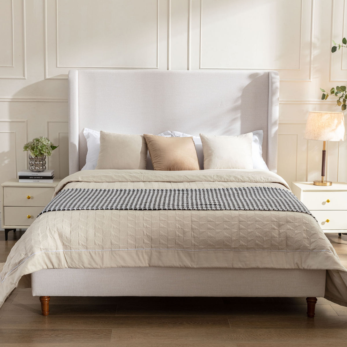 Hayden - King Size Upholstered Wingback Bed With And Tall 54" Headboard - Ivory