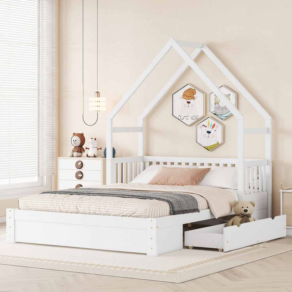 House Style Platform Bed With Guardrail And 2 Drawers