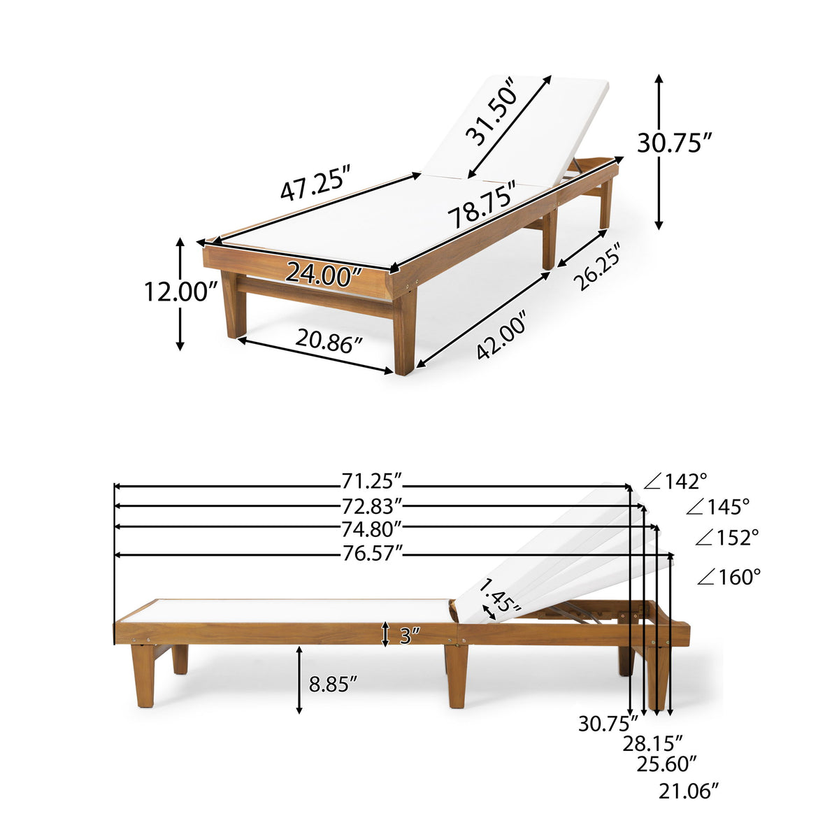 Outdoor Chaise Lounge With Acacia Wood Frame - White / Teak