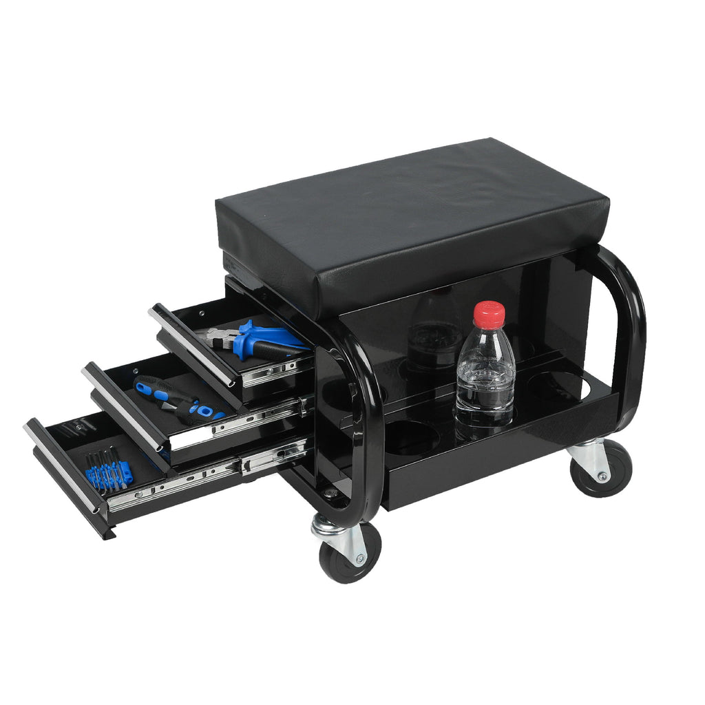 Rolling Creeper Garage Seat With 3 Built In Drawers, Rolling Tool Chest For Shop Or Garage - Black
