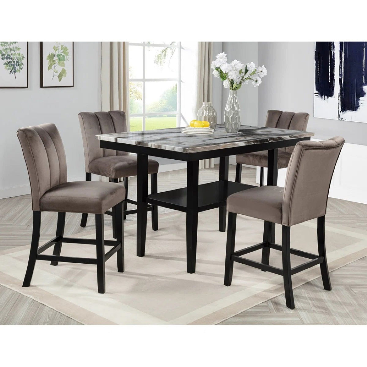 5 Piece Counter Dining Set With Table, Chairs - Black / Brown