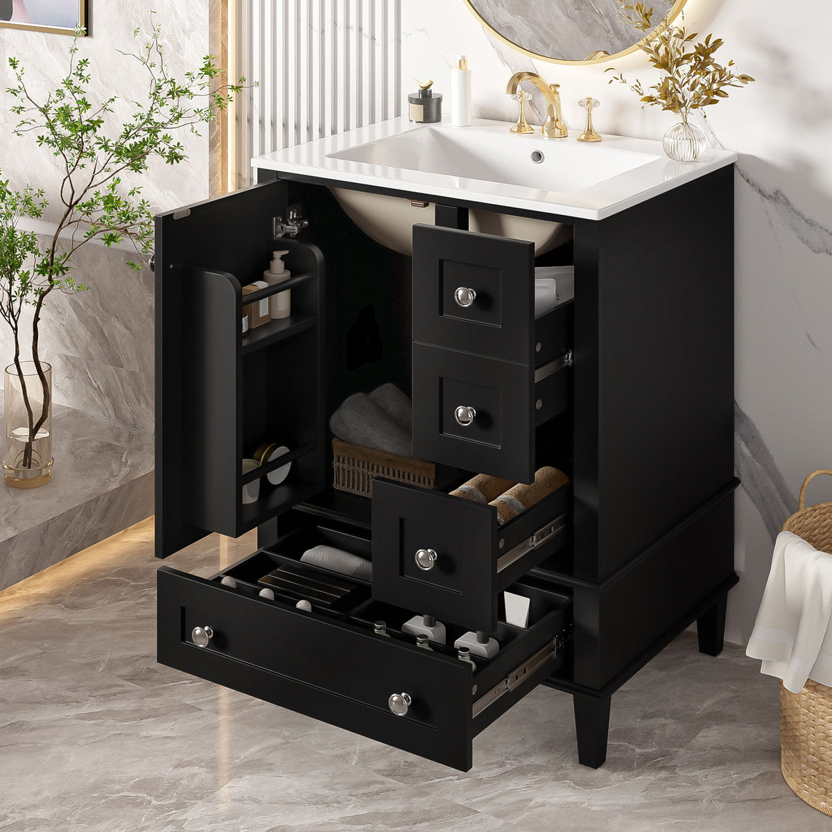 Bathroom Vanity With Integrated Basin, Soft Close Drawers, Door Mounted Double Layer Shelf