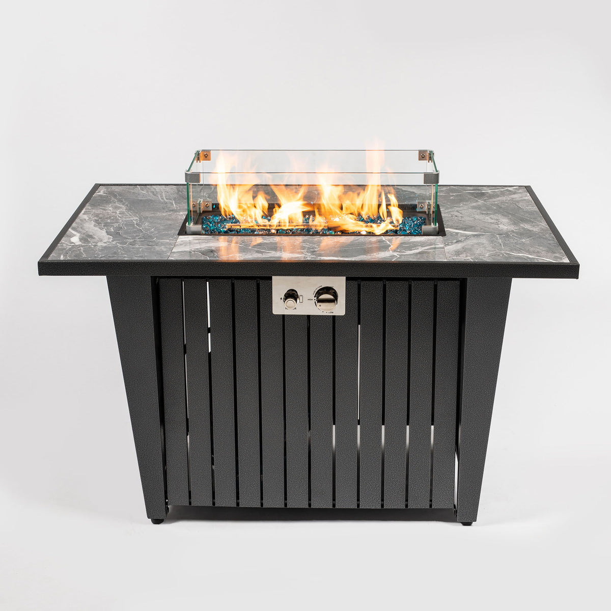 Morden Steel Fire Pit Table With Marble Tile Tabletop, Glass Wind Guard And Lid