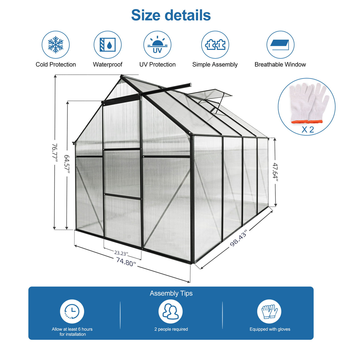 Polycarbonate house Raised Base And Anchor Aluminum Heavy Duty Walk-In houses For Outdoor Backyard In All Season