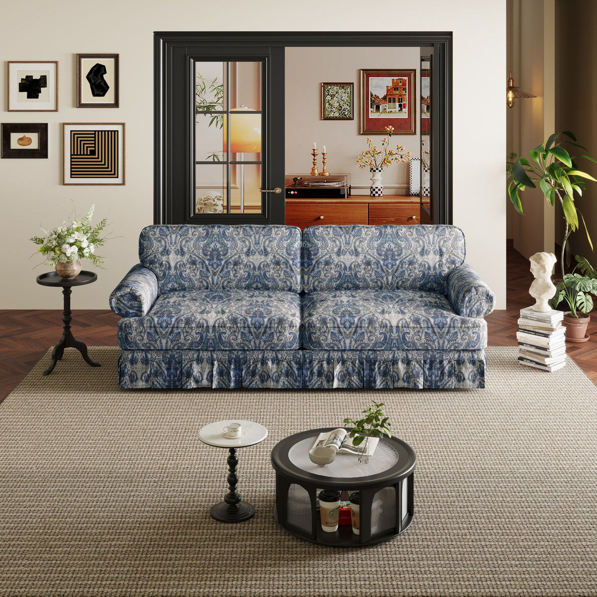Luxuriously Comfortable Cloud Couch Sofa With Elegant Rolled Arms & Pleated Skirt Design