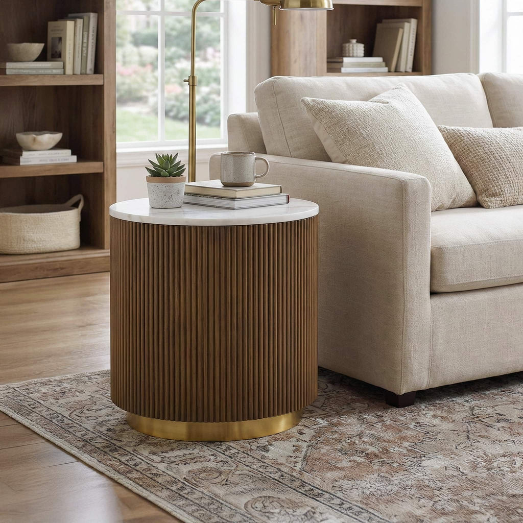 3 Piece Table Set Oval Cocktail Table, 2 Round End Tables - Brown / Gold / White