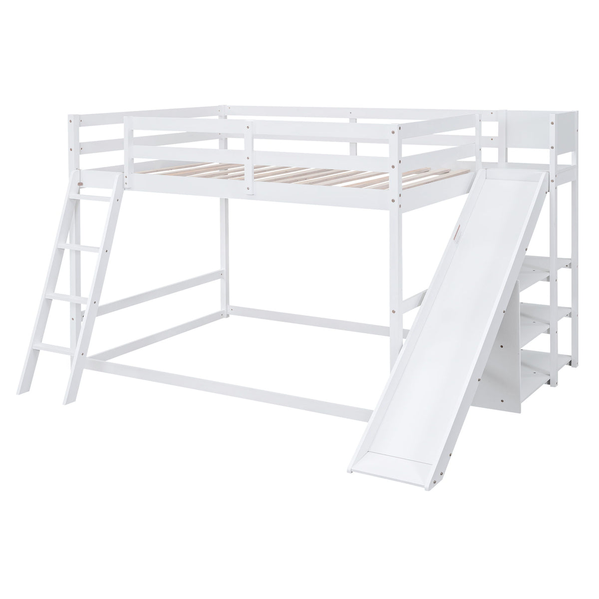 Bunk Bed With Ladder, Slide, And Shelves Pine Wood