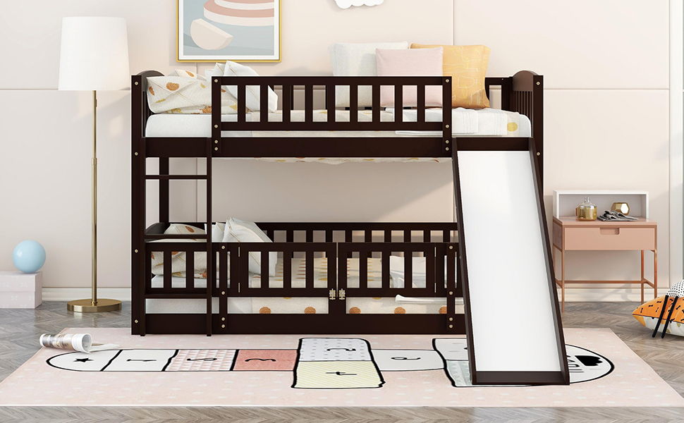 Low Bunk Bed With Slide, Fence And Ladder