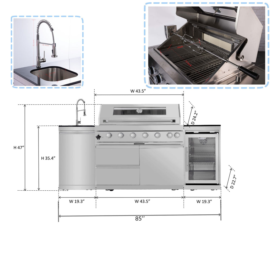 6 Burner 85, 000 Btu Deluxe Gas Outdoor Kitchen Island Grill With Wine Cooler Refrigerator, Rotisserie, Storage Cabinets & Drawers - Silver