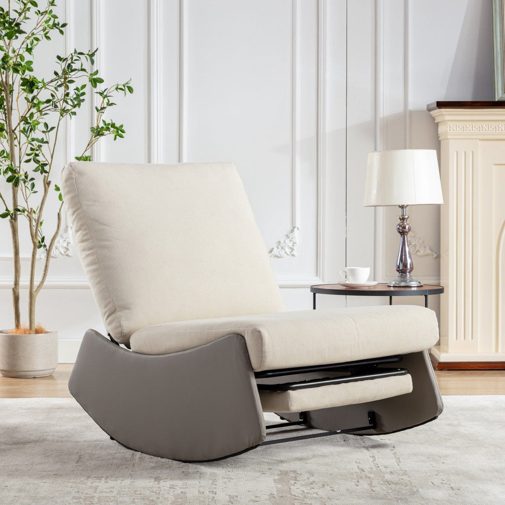 Modern Rocking Chair Recliner, Comfy Rocker Nursery Chair With Footrest, Accent Reading Chair, Upholstered Lounge Chair For Relaxing, Resting, Soft Padded Rocker For Indoor Living Room Bedroom - Gray / Beige