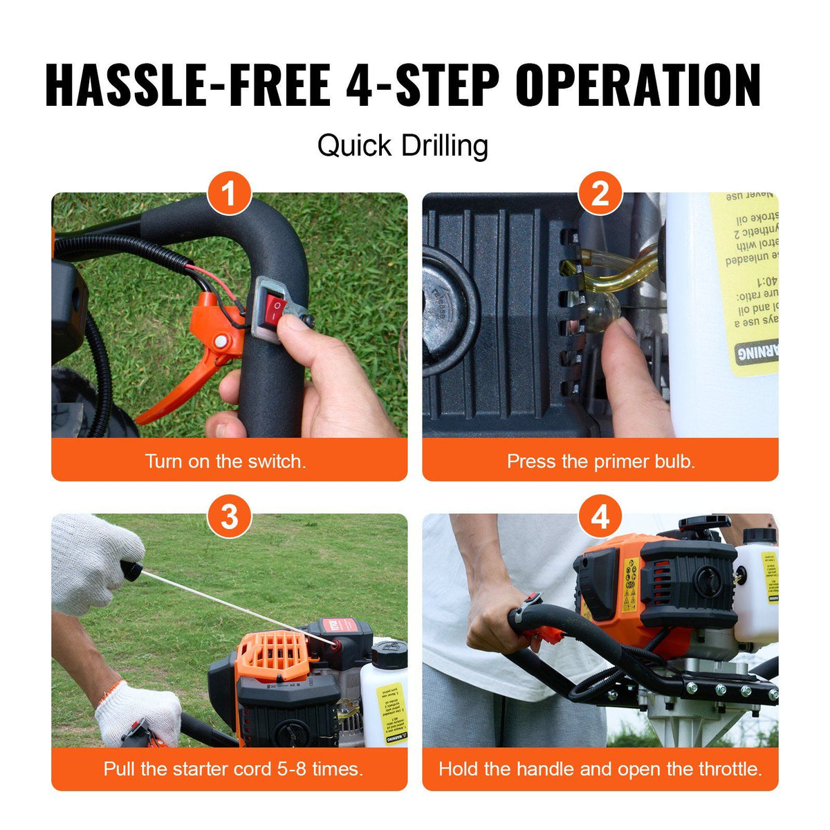 Vevor Gas Post Hole Digger 52Cc 1450W With 8 Drill Bits & Extension Rod Aluminium Alloy - Black