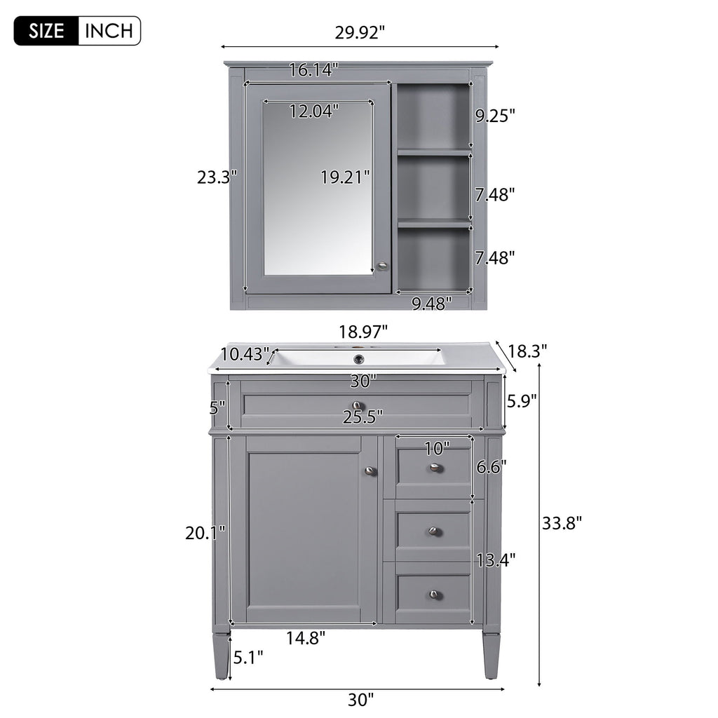 Bathroom Vanity With Top Sink, Freestanding Storage Cabinet With 2 Doors And 3 Drawers, Mirror Cabinet Included - Gray