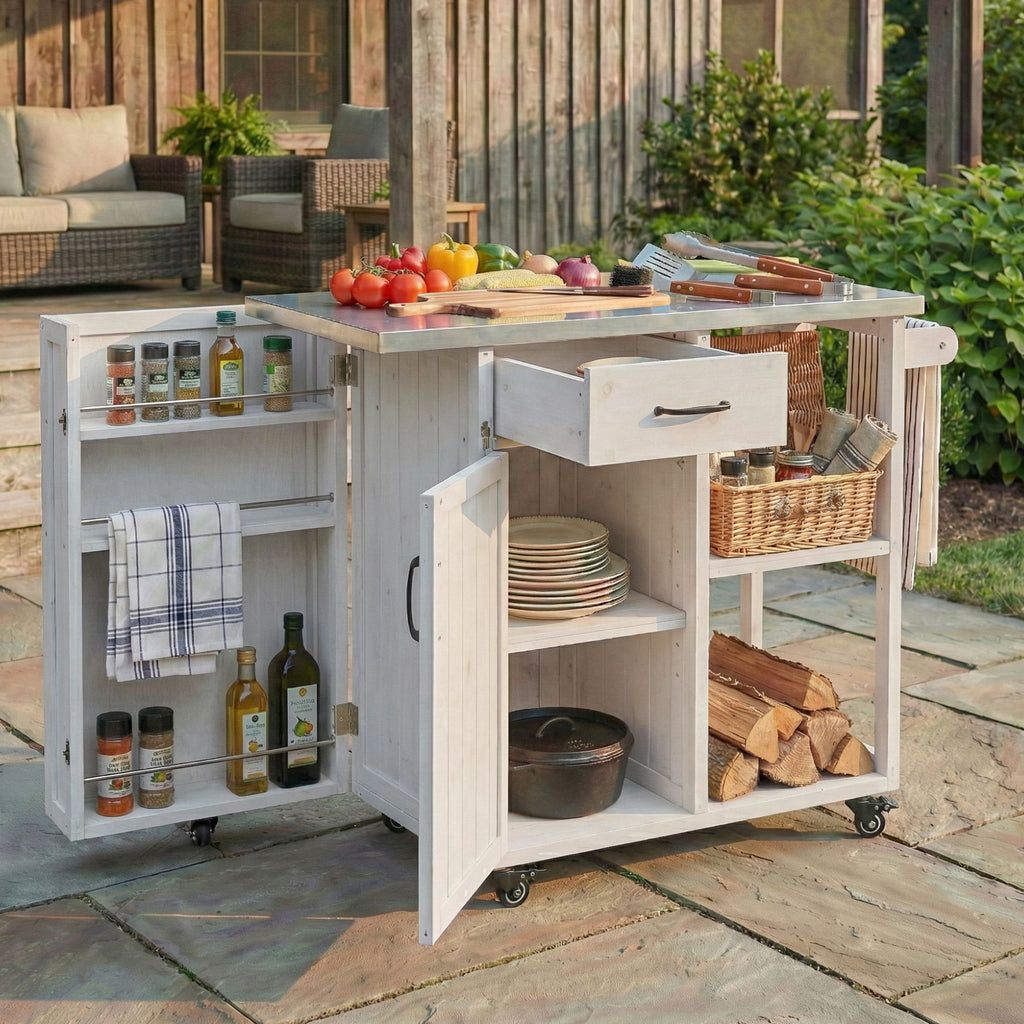 Outdoor Kitchen Island Prep Station With Lockable Wheels, Ample Storage, Towel & Spice Racks