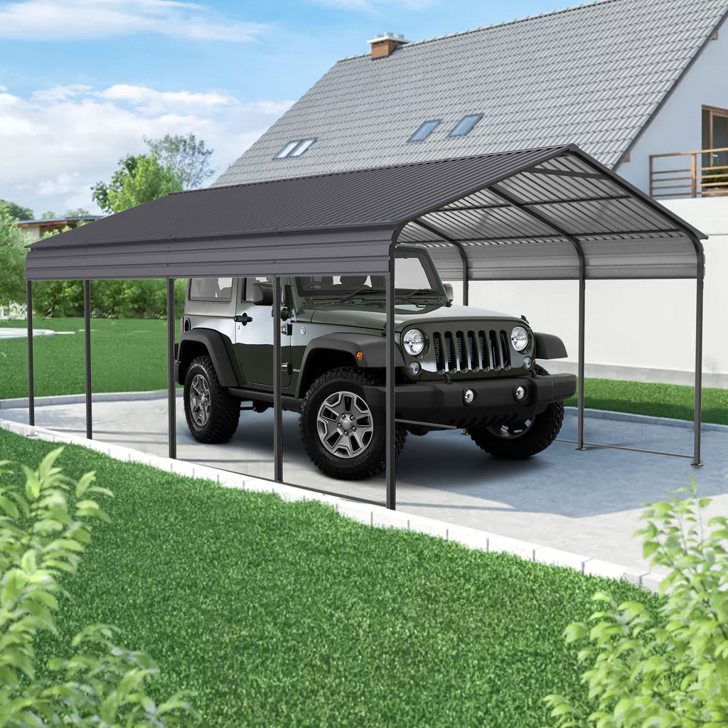 Metal Carport 12 X 20 Ft Heavy Duty With Galvanized Steel Roof Metal Garage Canopy With Galvanized Steel Roof & Frame Car Tent Outdoor Storage Shed For Car Boats And Truck - Alabaster / Dark Gray