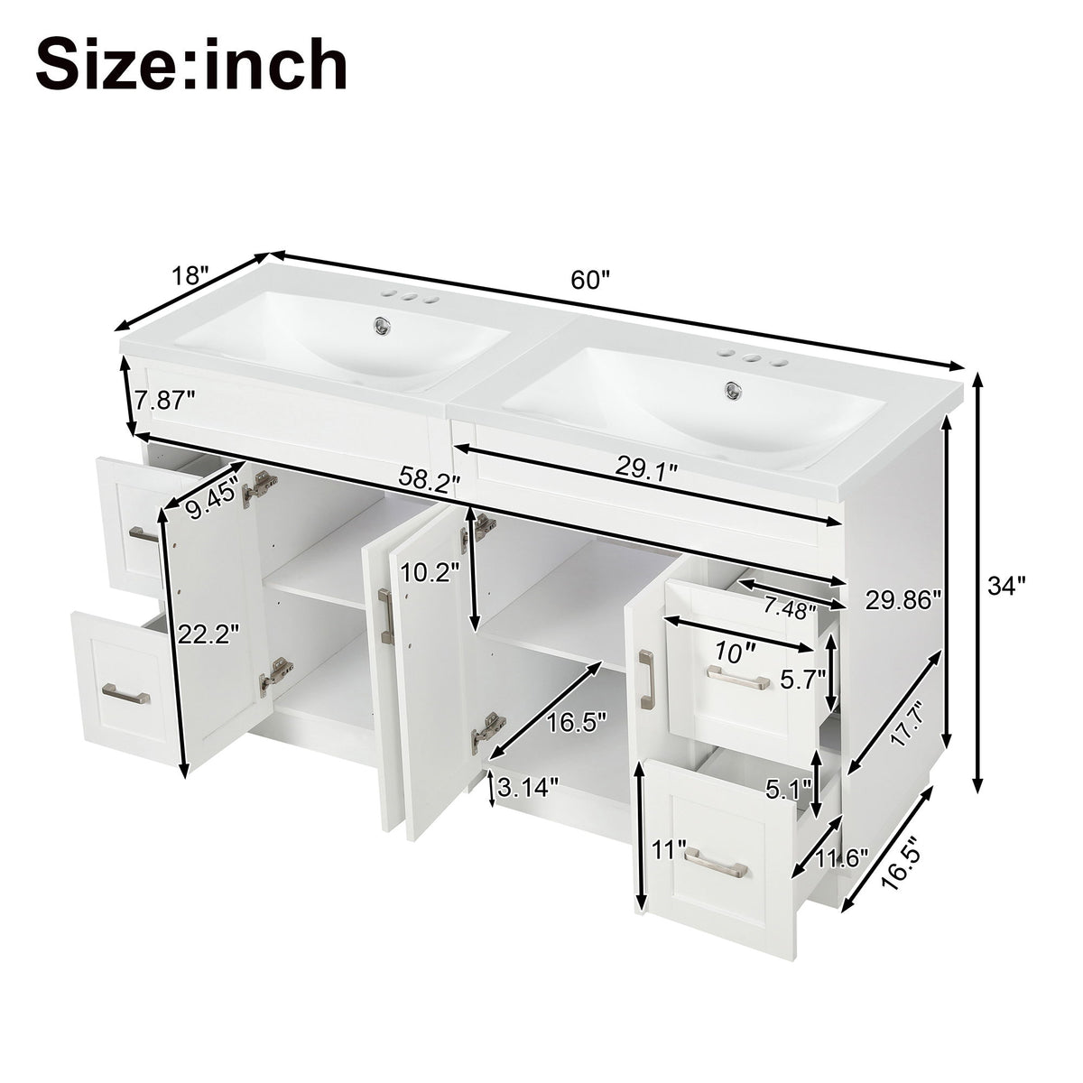 Bathroom Vanity With 2 Doors, 2 Drawers, Adjustable Shelf, Hidden Slides & Soft Close Hinges