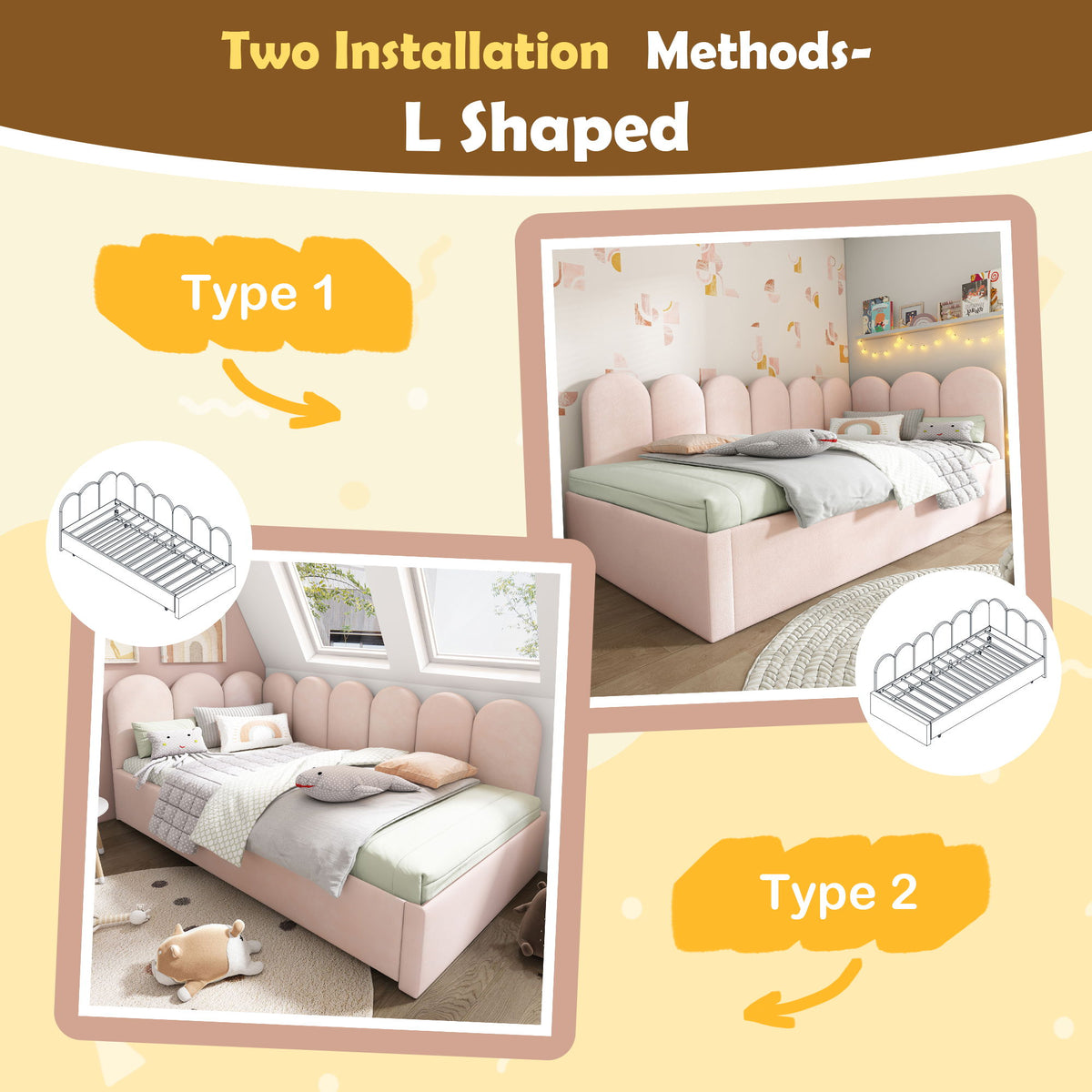Twin Size Sofa L-Shaped Daybed With Pull Out Twin Bed - Pink