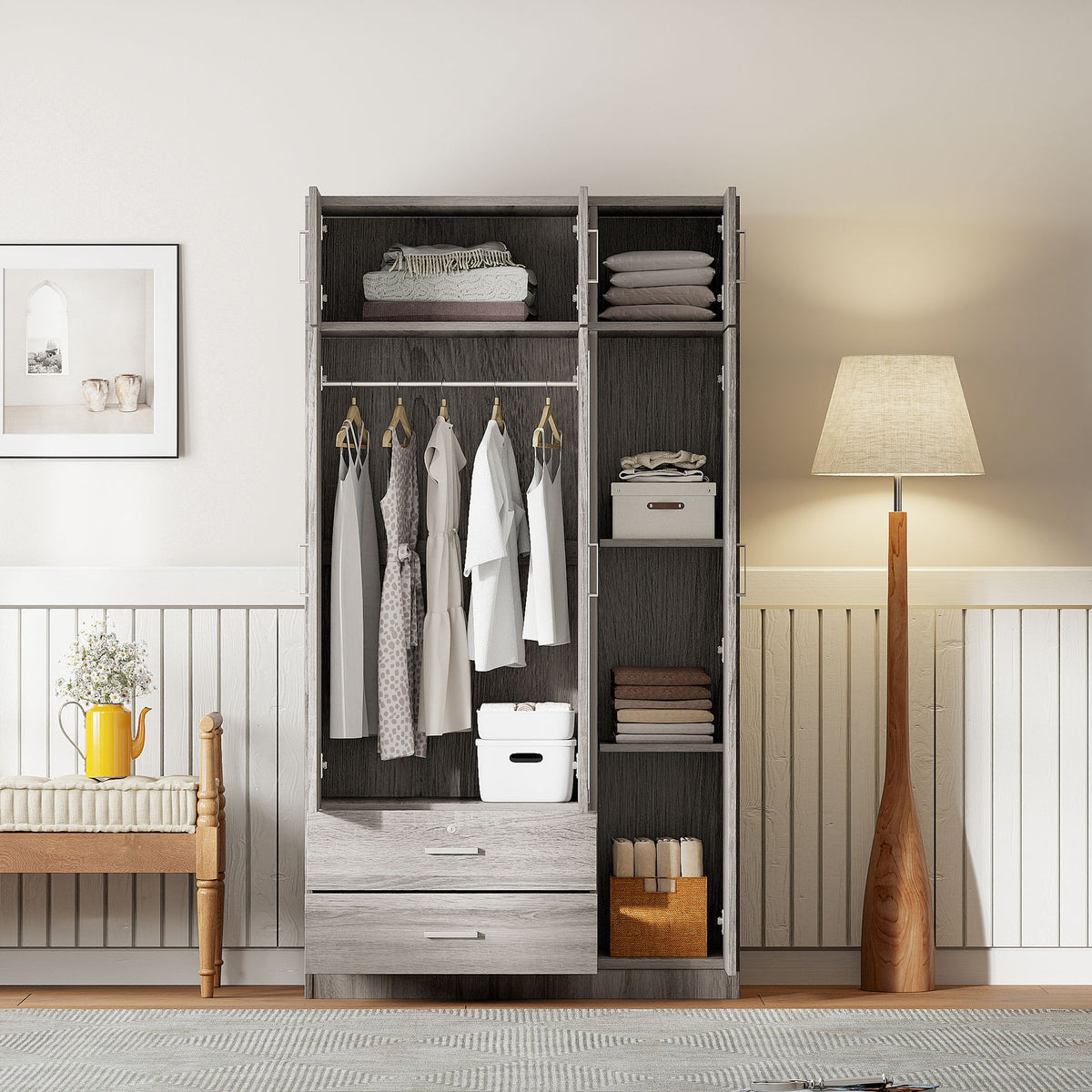 Modern 3 Door Mirror Wardrobe With 2 Drawers And Top Cabinet