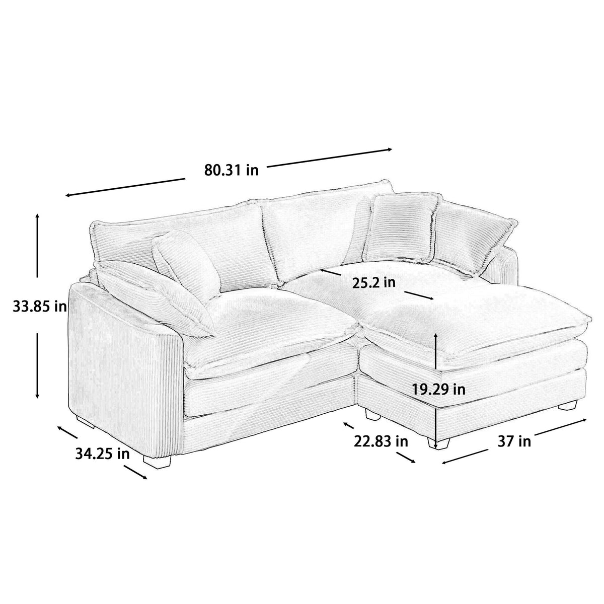 Modern Oversized Modular Cushion Sofa With Ottoman, Low Back, Deep Seating Sofa Set