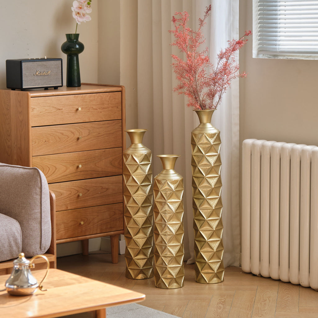 Metal Decorative Vase High Distress Metal Center Vase With 3D Triangle Pattern, (Set of 3) Vases For Home Decoration - Gold