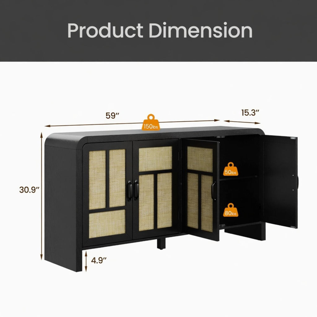 Sideboard Buffet Cabinet With 4 Doors & Adjustable Shelves - Black