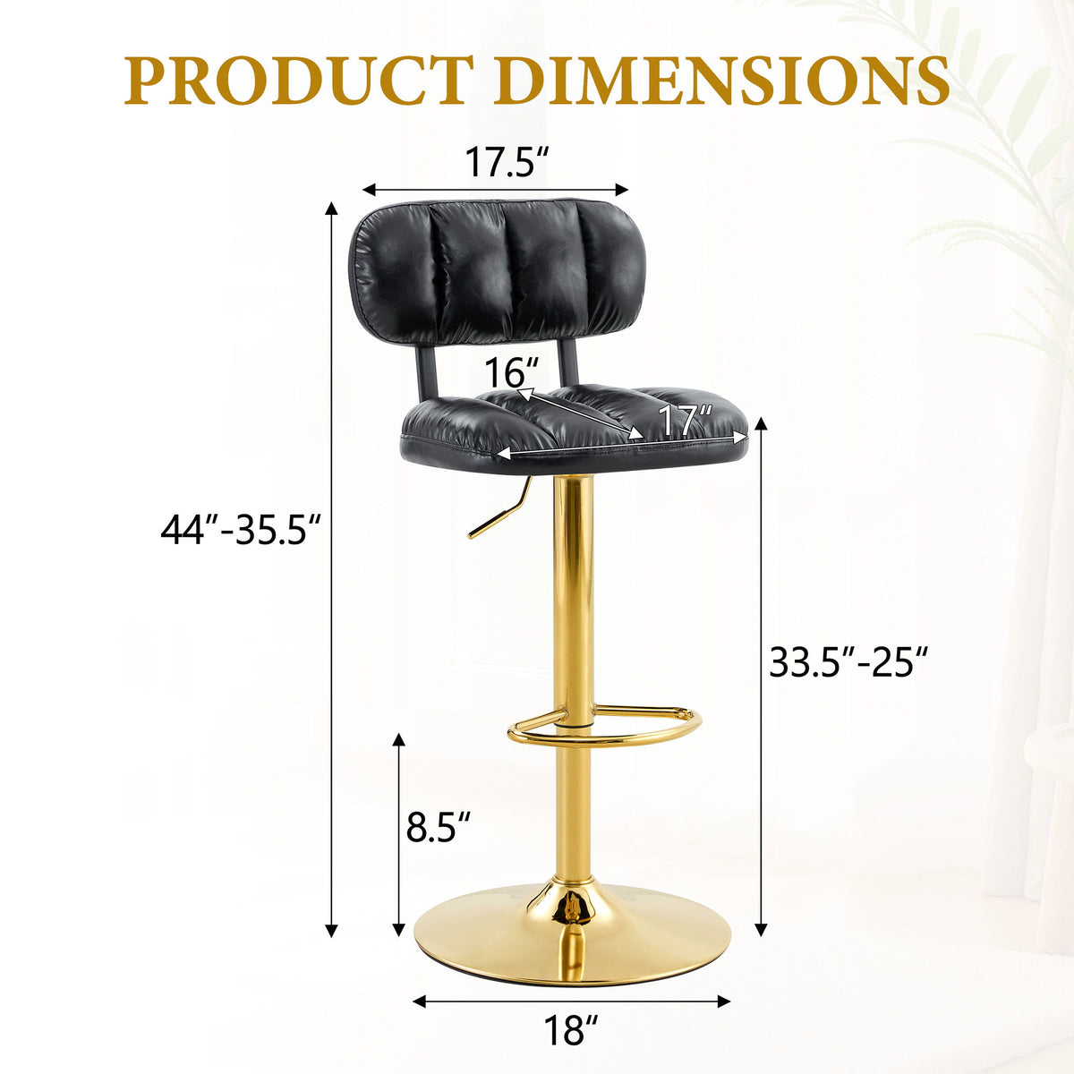 Adjustable Height Bar Stools With Footrest For Kitchen Island (Set of 2) - Black / Gold
