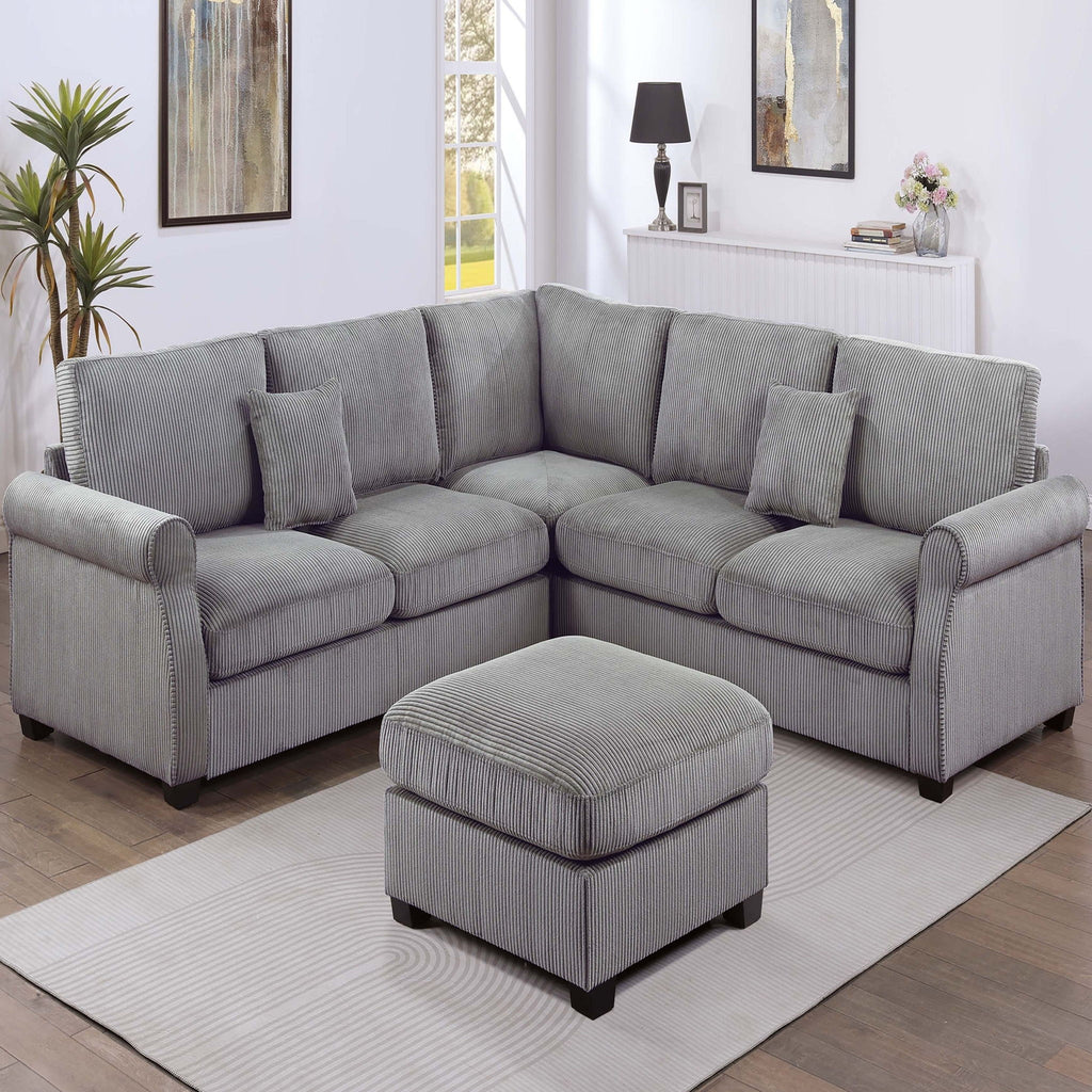 Modern Sectional Set With Corner Wedge, Loveseat, Ottoman & 2 Pillows