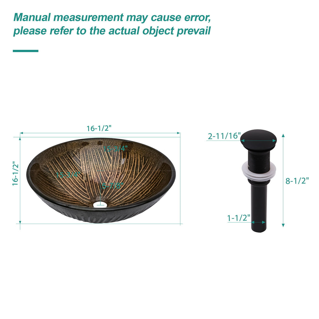 Feather Pattern Amber Vessel Sink With Pop Up Drain, Oval Bathroom Basin - Amber