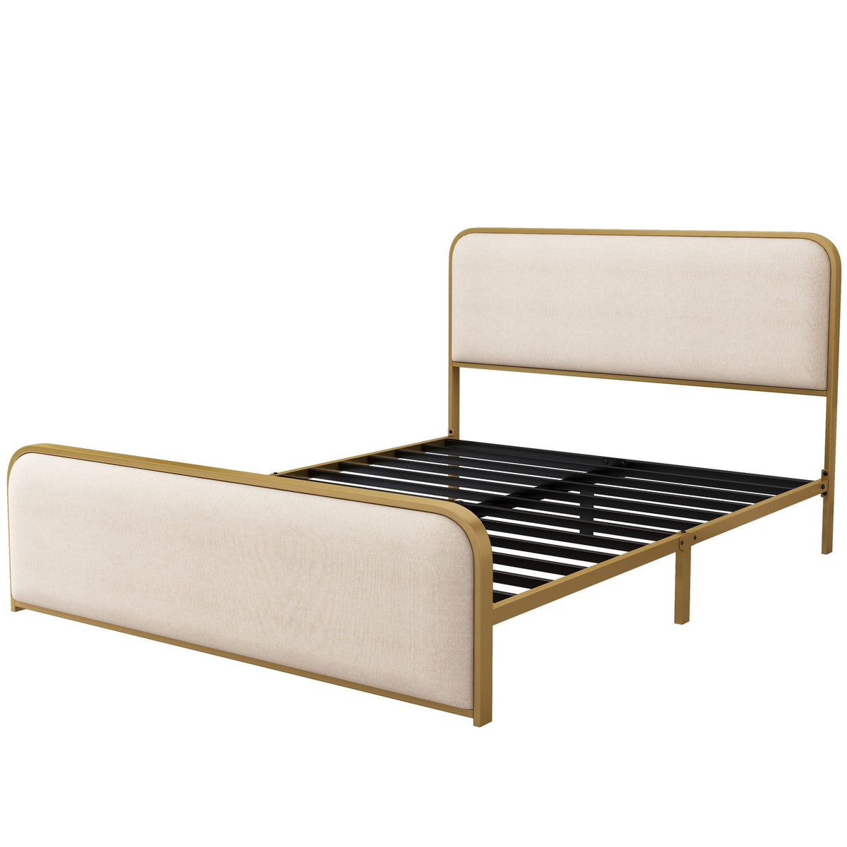 Queen Size Bed Frame With Curved Upholstered Headboard And Footboard - Beige / Gold