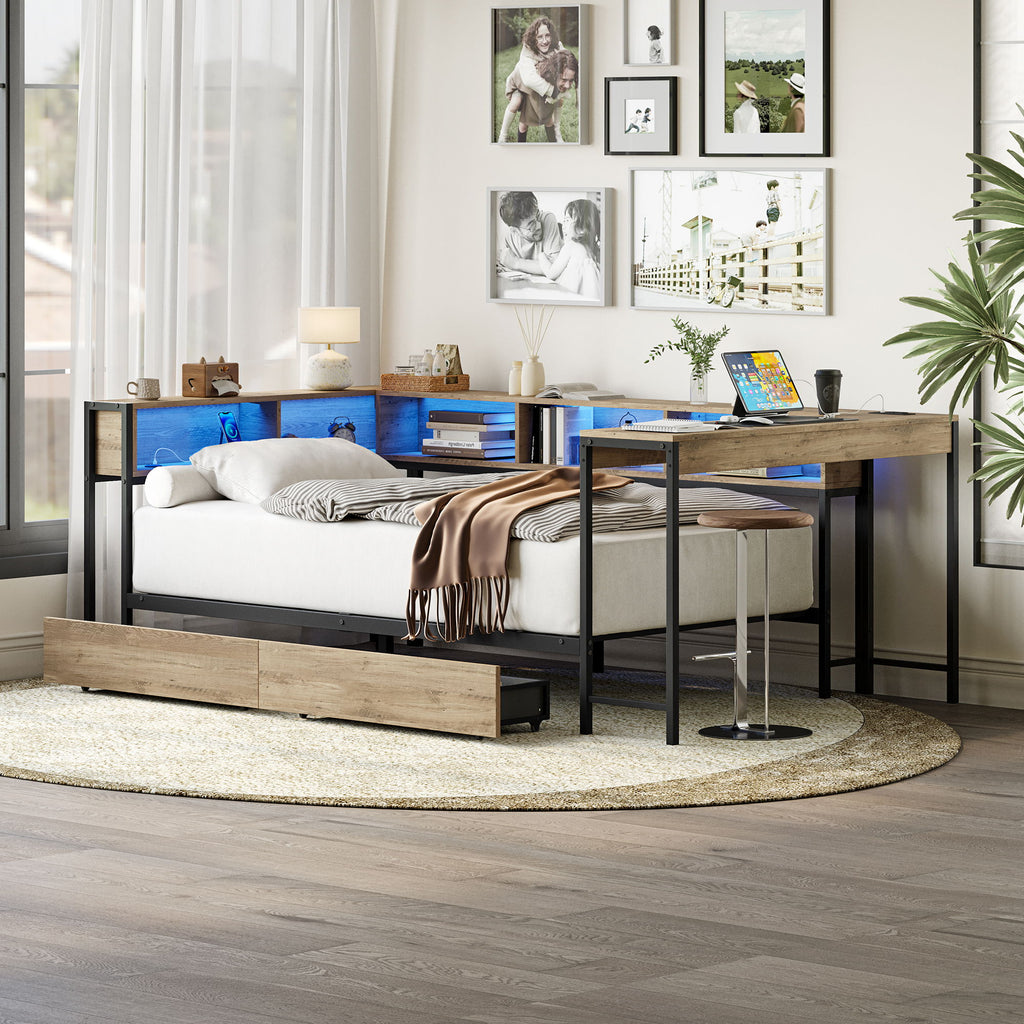Corner Bed Frame Twin Size With Bookcase And 2 Underbed Storage Drawers, Modern Twin Bed With LED Light And Charging Station, Modern Daybed Reversible Left Or Right - Gray