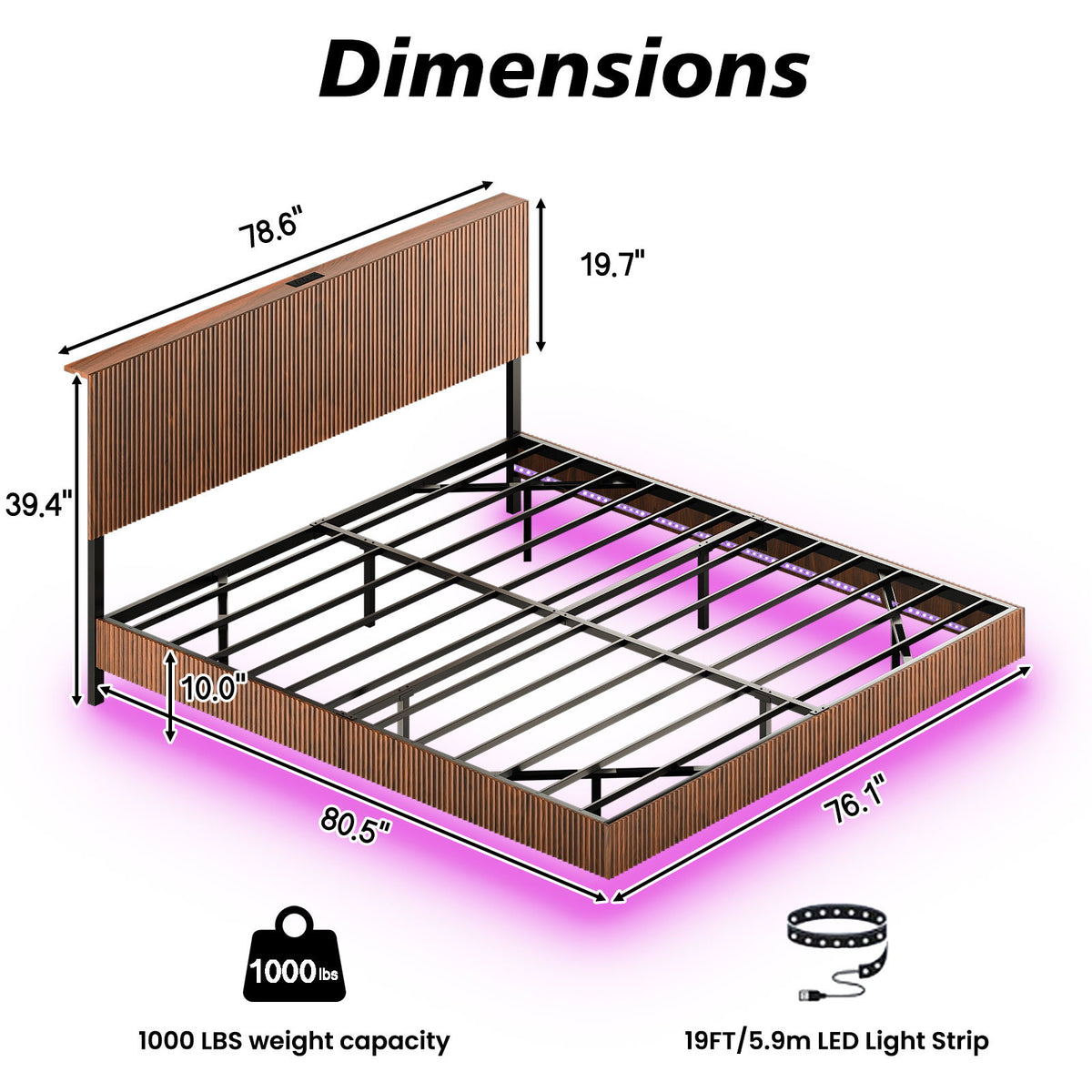 Floating Bedstead With Charging Station And LED Lights