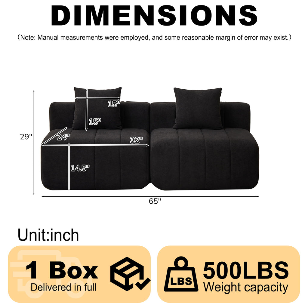 Modular Sectional Sofa With 2 Pillows, Symmetrical Design