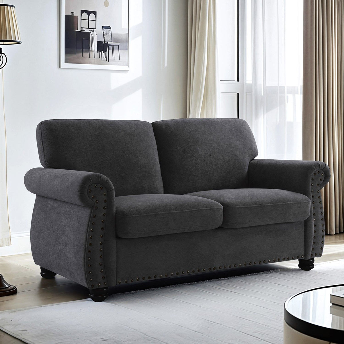 Soft Loveseat, Upholstered 2 Seater Couch, Loose Back Cushions And Turned Legs