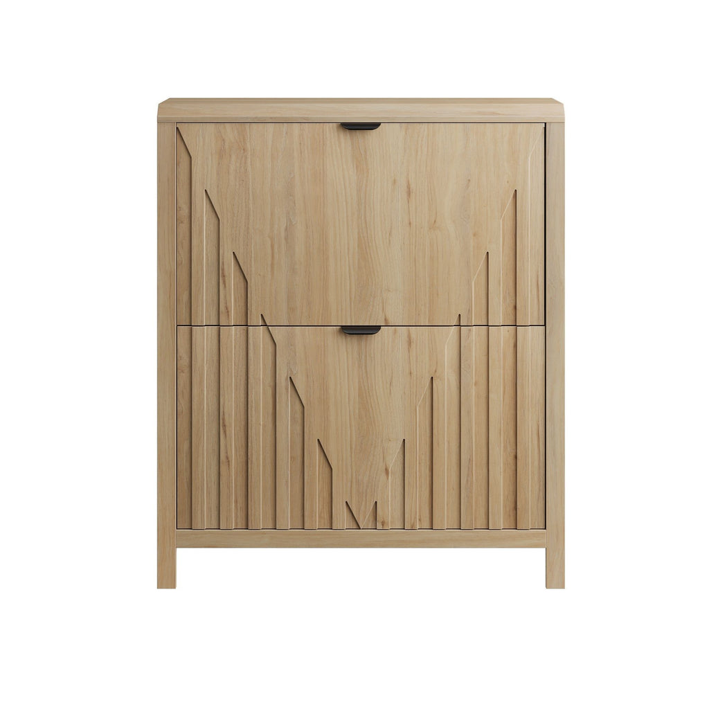 Entryway Shoe Cabinet With Vertical Carved Panels - Oak