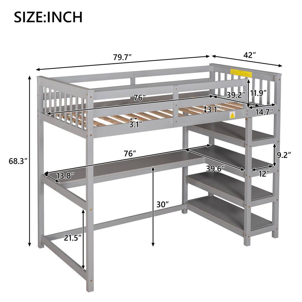 Loft Bed With Storage Shelves And Under Bed Desk