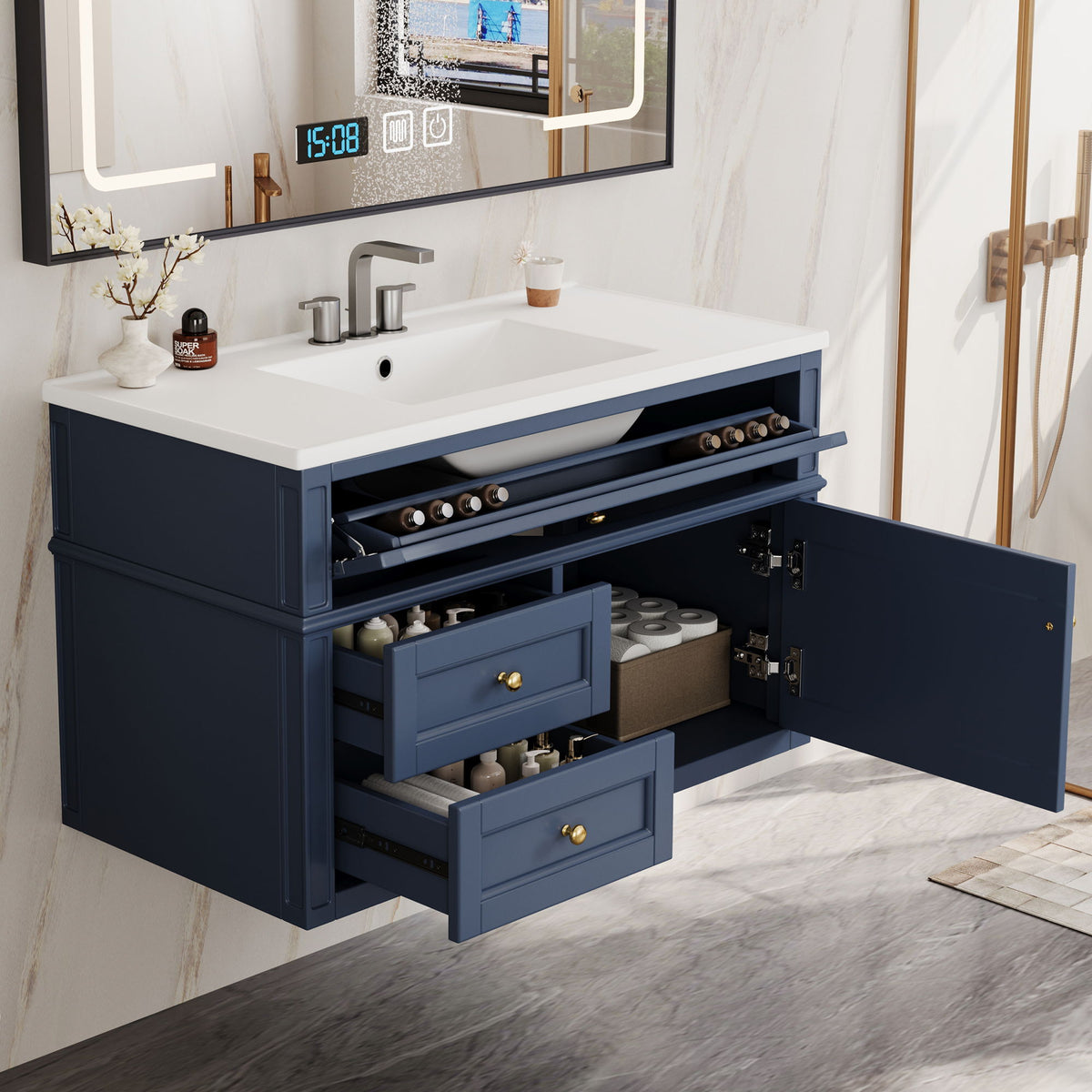 Modern Wall Mounted Floating Cabinet With Double Drawer And Sink