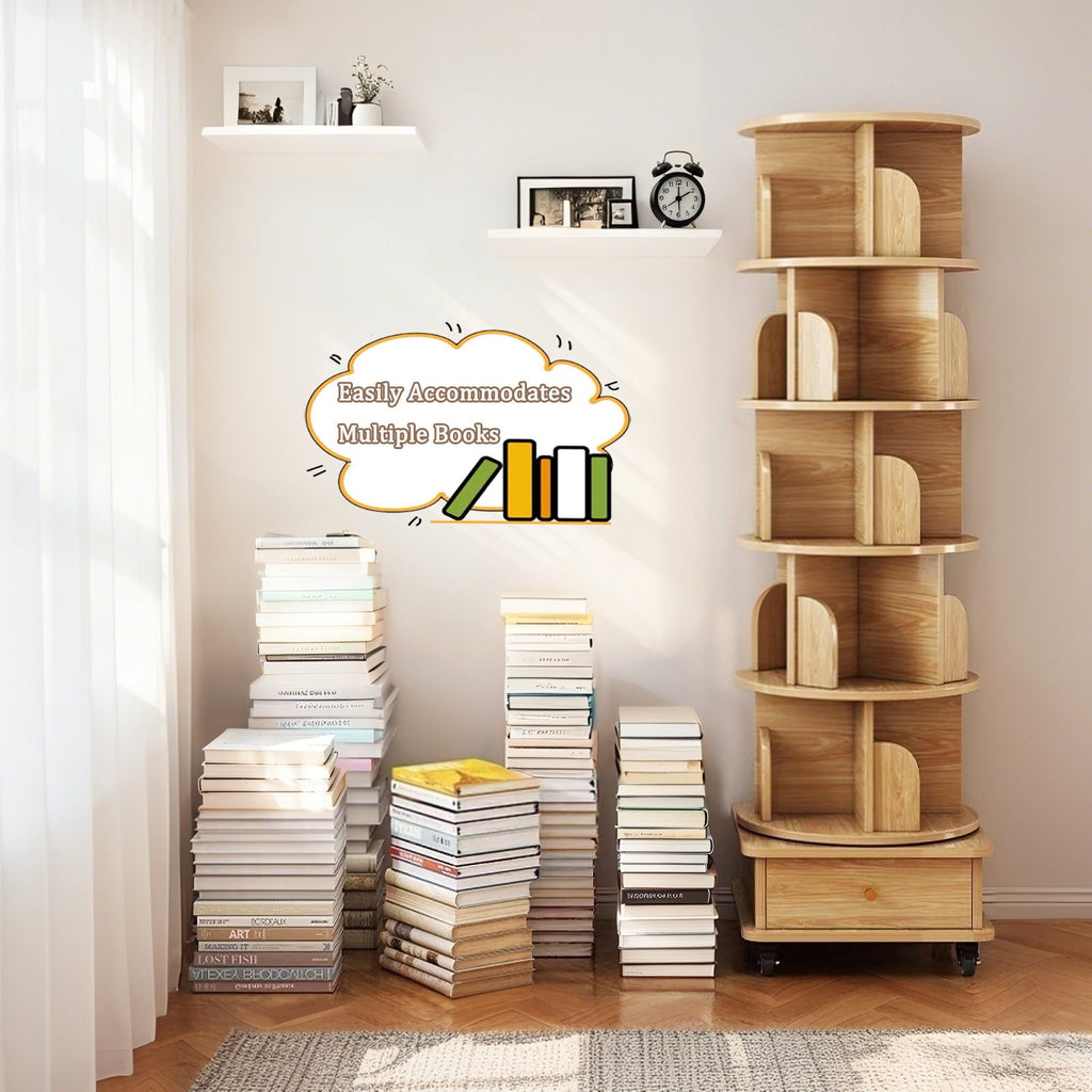 6 Tier Rotating Bookshelf With Wheels And Drawer, 360° Spinning Design, Space Saving Storage, For Home - Wood